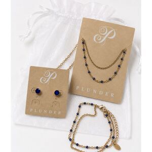 Plunder set of Gold tone and blue bead necklace, Bracelet and earring studs.